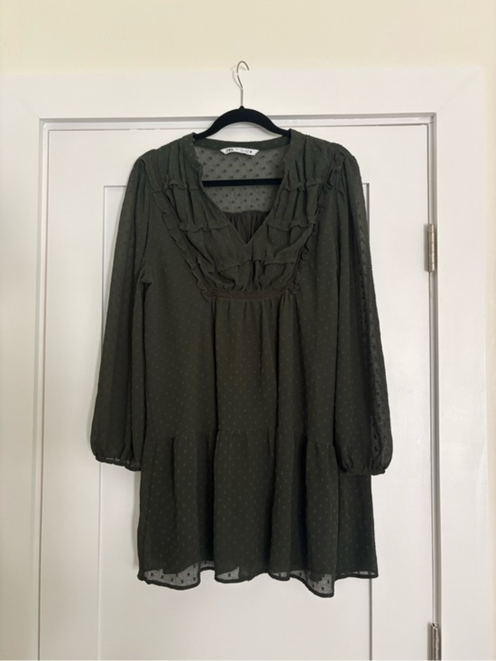 Zara Khaki Green Plumetis Dotted Mesh Ruffled Babydoll Mini Dress Boho